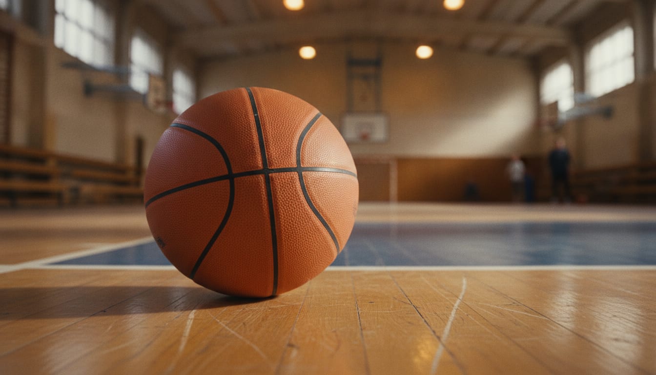 Un ballon de basket orange posé sur le parquet d'un gymnase, coutures et grain de surface visibles de près